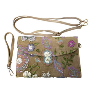 Pochette en toile de jute avec broderies florales à paillettes