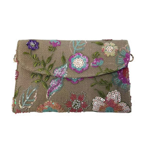Pochette en toile de jute avec broderies florales à paillettes