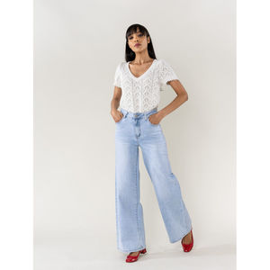 Jean Wide Leg taille haute en denim de coton stretch