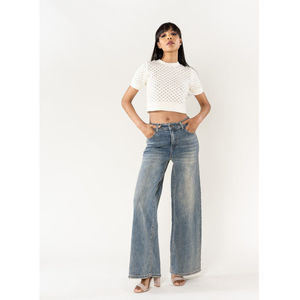 Jean Wide Leg taille haute en denim de coton stretch
