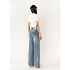 Jean Wide Leg taille haute en denim de coton stretch
