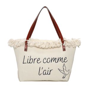 Cabas zippé "Libre comme l'air" et un oiseau accentué par des franges