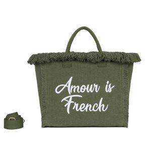 Cabas zippé "Amour is French" orné d'une bordure de franges