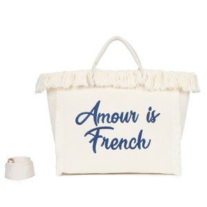 Cabas zippé "Amour is French" orné d'une bordure de franges