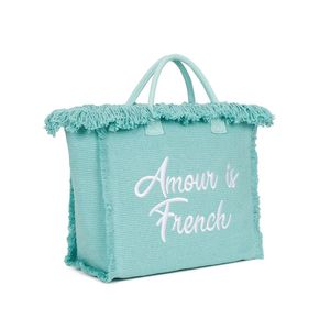 Cabas zippé "Amour is French" orné d'une bordure de franges