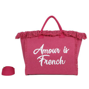 Cabas zippé "Amour is French" orné d'une bordure de franges