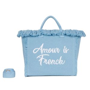 Cabas zippé "Amour is French" orné d'une bordure de franges