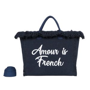 Cabas zippé "Amour is French" orné d'une bordure de franges