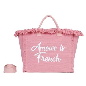 Cabas zippé "Amour is French" orné d'une bordure de franges