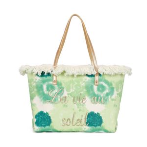 Cabas zippé motif tie-dye à broderie "La vie au soleil" et bords frangés