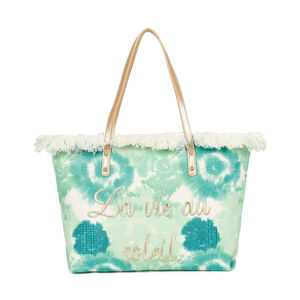 Cabas zippé motif tie-dye à broderie "La vie au soleil" et bords frangés