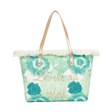 Cabas zippé motif tie-dye à broderie "La vie au soleil" et bords frangés
