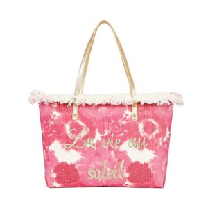 Cabas zippé motif tie-dye à broderie "La vie au soleil" et bords frangés