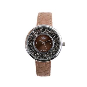 Montre femme avec boîtier rond serti de petits cristaux brillants