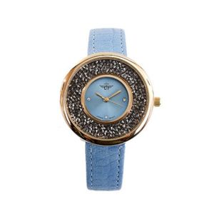 Montre femme avec boîtier rond serti de petits cristaux brillants