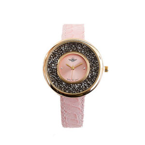 Montre femme avec boîtier rond serti de petits cristaux brillants