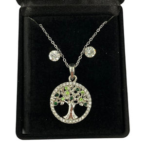 Coffret avec collier pendentif arbre de vie en cristal vert + boucles d'oreilles puces