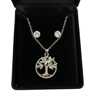 Parure argentée collier avec pendentif à arbre + boucles d'oreilles