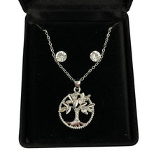 Parure argentée collier avec pendentif à arbre + boucles d'oreilles