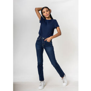 Pantalon regular/droit en coton stretch avec taille haute