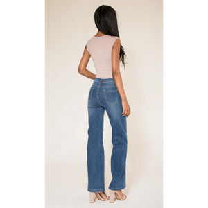 Jean taille haute flare évasé stretch en coton à 5 poches