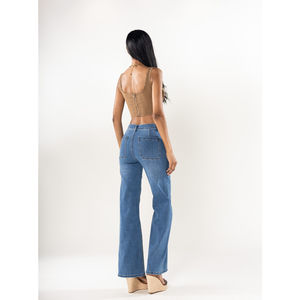 Pantalon jean flare détail poches en pétales et boutons en coton