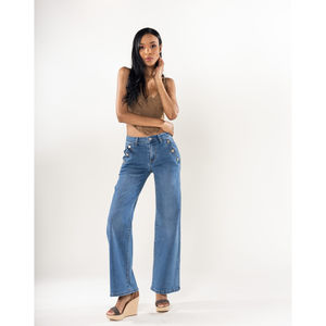 Pantalon jean flare détail poches en pétales et boutons en coton