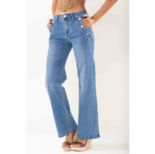 Pantalon jean flare détail poches en pétales et boutons en coton