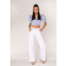 Pantalon jean flare détail poches en pétales et boutons