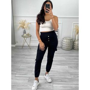 Pantalon cargo taille froncée avec élastique et 3 boutons décoratifs