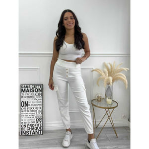 Pantalon cargo taille froncée avec élastique et 3 boutons décoratifs