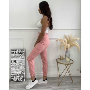 Pantalon cargo taille froncée avec élastique et 3 boutons décoratifs