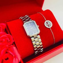 Coffret rouge : montre femme au design carrée + bracelet en argenté