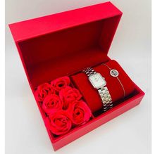Coffret rouge : montre femme au design carrée + bracelet en argenté