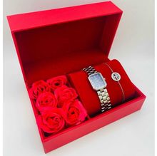 Coffret rouge : montre femme au design carrée + bracelet en argenté