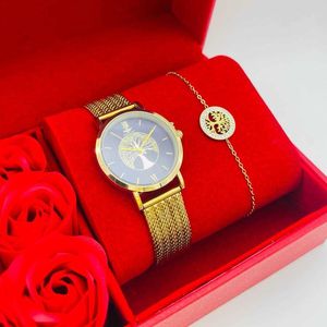 Coffret rouge : montre ronde dorée à motif arbre de vie + bracelet en acier
