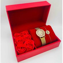 Coffret rouge : montre ronde dorée à motif arbre de vie + bracelet en acier