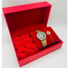 Coffret rouge : montre ronde dorée à motif arbre de vie + bracelet en acier