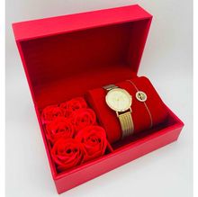 Coffret rouge : montre ronde dorée à motif arbre de vie + bracelet en acier