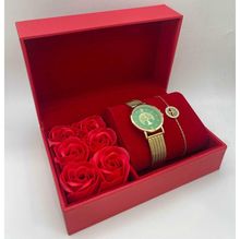 Coffret rouge : montre ronde dorée à motif arbre de vie + bracelet en acier