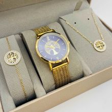 Coffret taupe : montre ronde dorée à motif arbre de vie + bijoux en acier
