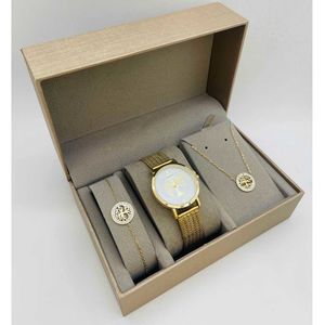 Coffret taupe : montre ronde dorée à motif arbre de vie + bijoux en acier