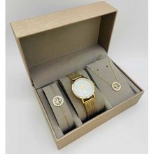 Coffret taupe : montre ronde dorée à motif arbre de vie + bijoux en acier