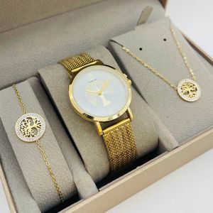 Coffret taupe : montre ronde dorée à motif arbre de vie + bijoux en acier