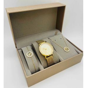 Coffret taupe : montre ronde dorée à motif arbre de vie + bijoux en acier