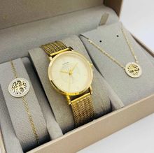 Coffret taupe : montre ronde dorée à motif arbre de vie + bijoux en acier