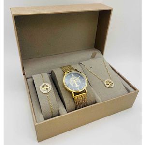 Coffret taupe : montre ronde dorée à motif arbre de vie + bijoux en acier