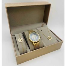 Coffret taupe : montre ronde dorée à motif arbre de vie + bijoux en acier