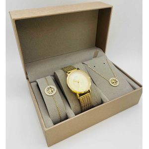 Coffret taupe : montre ronde dorée à motif arbre de vie + bijoux en acier