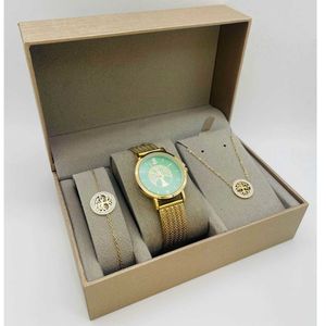 Coffret taupe : montre ronde dorée à motif arbre de vie + bijoux en acier